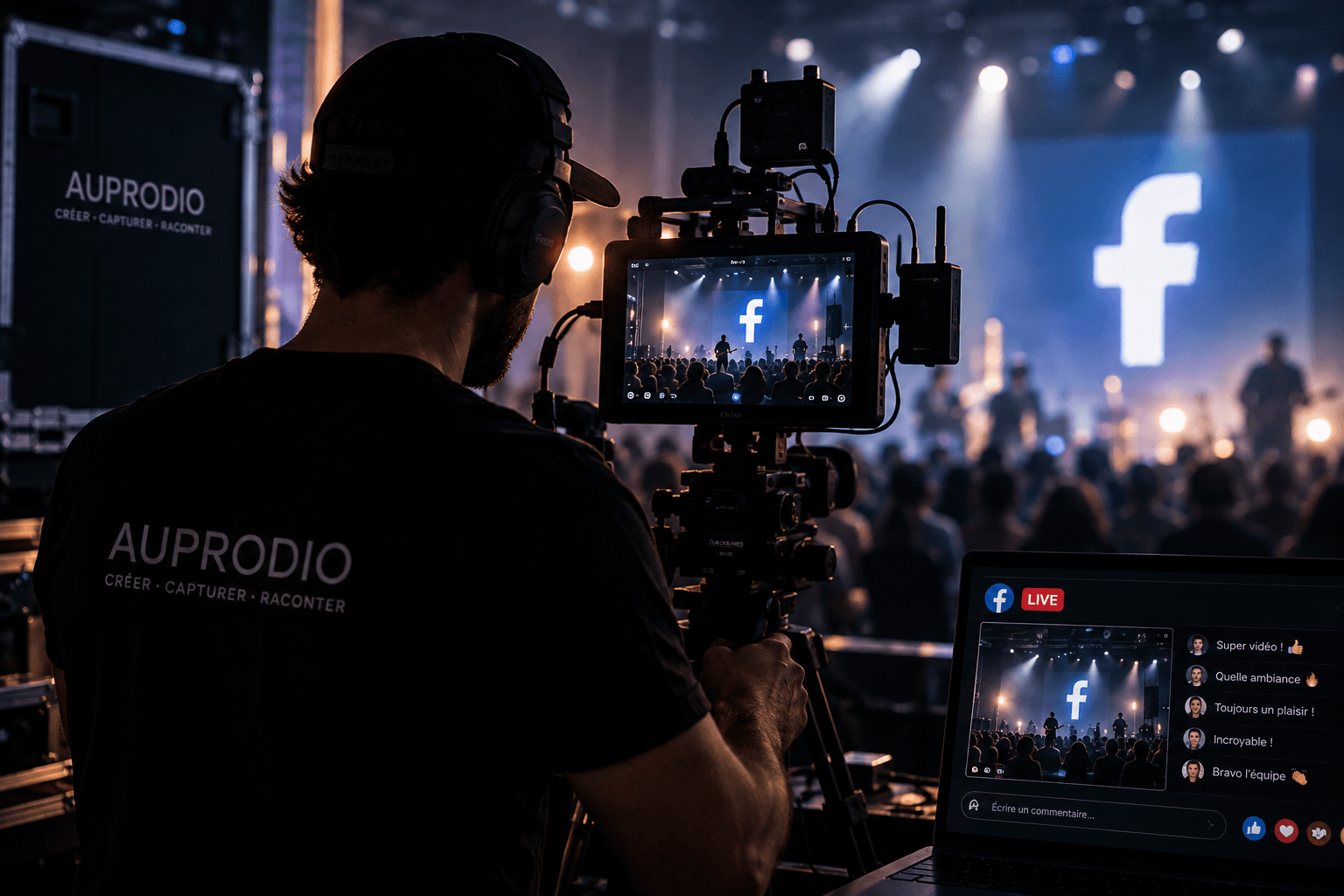 Captation d'un concert, cadreur filmant la scène avec le logo Facebook en arrière-plan