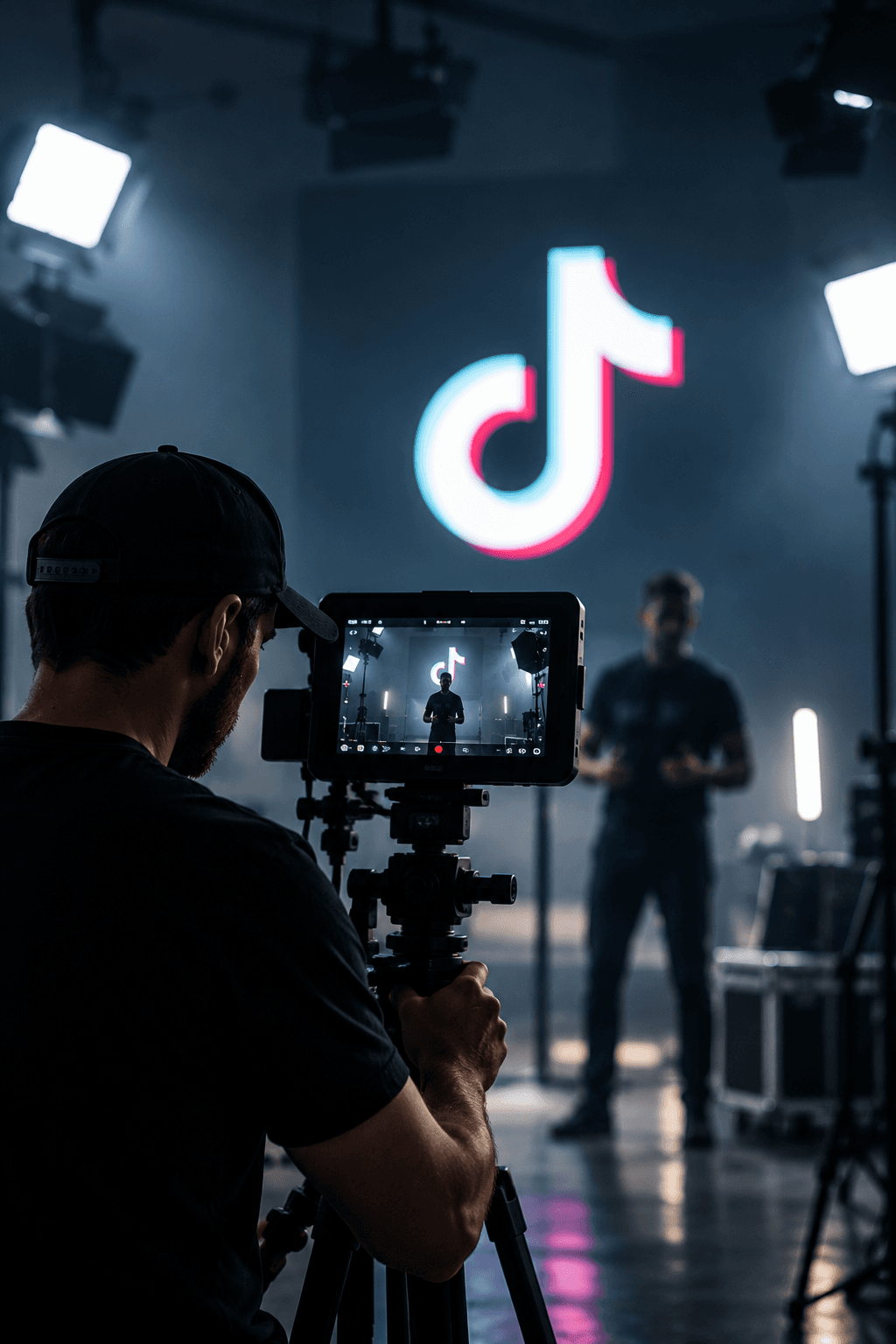 Tournage en studio, cadreur filmant un sujet avec le logo TikTok en arrière-plan