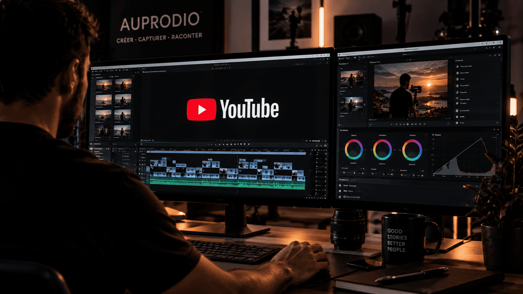 Monteur vidéo travaillant sur deux écrans, interface de montage et d'étalonnage avec le logo YouTube